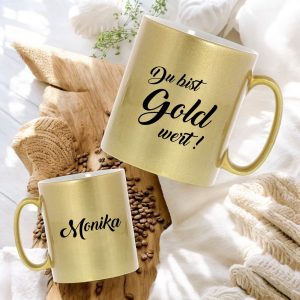 Goldene Keramiktasse mit Spruch „Du bist Gold wert!“ Mitarbeitergeschenk Weihnachten, Weihnachtsgeschenk
