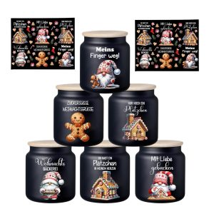 Rub-Ons-Sticker, Keksdose, DIN A4, weiß oder schwarz, Weihnachten, Wichtel, randlose Rubons Sticker, Tischdeko, Rubon Aufkleber