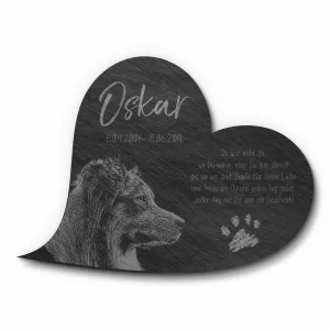Schöne Grabtafel in Herzform mit eigenem Foto und Pfoten Motiv | Premium Schiefer
