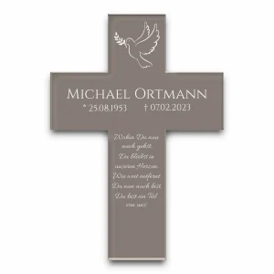 Farbiges Grabkreuz aus Acrylglas mit personalisierbarem Text und beteten Händen als Motiv in 23×33 cm