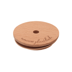 Trinkglas – Deckel „Rundum glücklich“, Buchenholz, 6,7 cm, Eulenschnitt