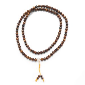 Mala Halskette Tigerauge mit gelber Schnur und Glas-Guru-Mittelperle 108 Perlen 8 mm