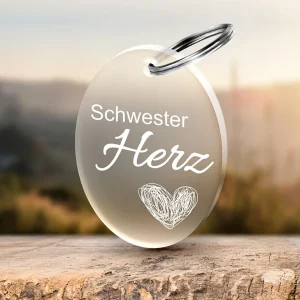 Schlüsselanhänger mit Gravur „Schwesterherz“ Oval aus Acrylglas